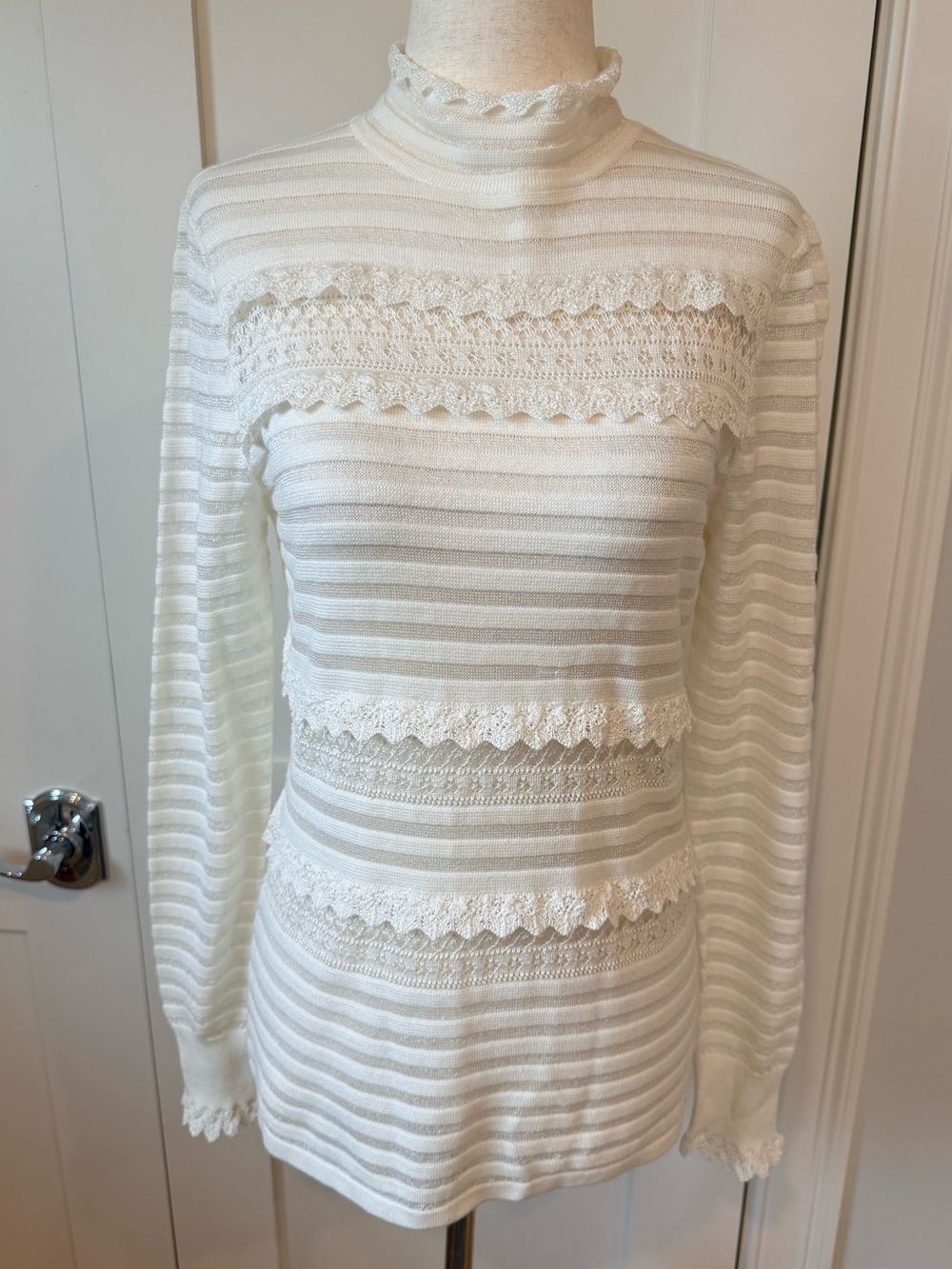 White House Black Market Ivory Sheer Striped Lace-Accent Top